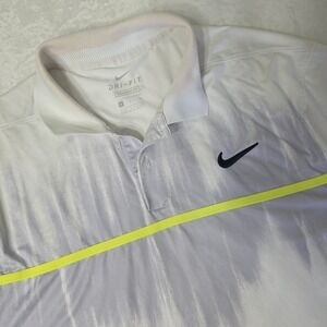 Nike Dri-Fit Mens Small Vapor Fog Print Golf Polo White Volt Logo Read Flaw‎